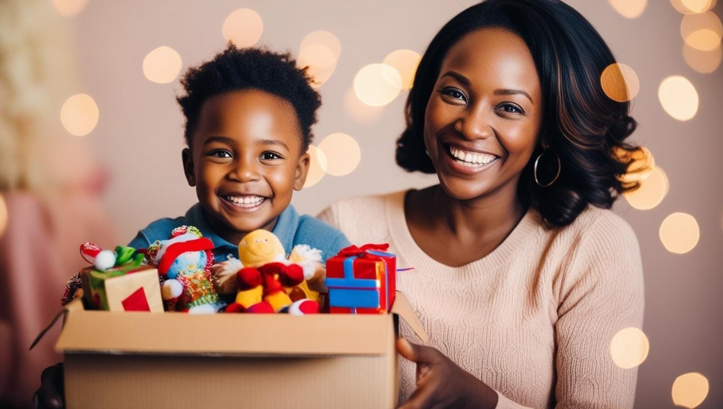 Caminho Atípico Uma mulher segurando uma caixa de brinquedo com seu filho