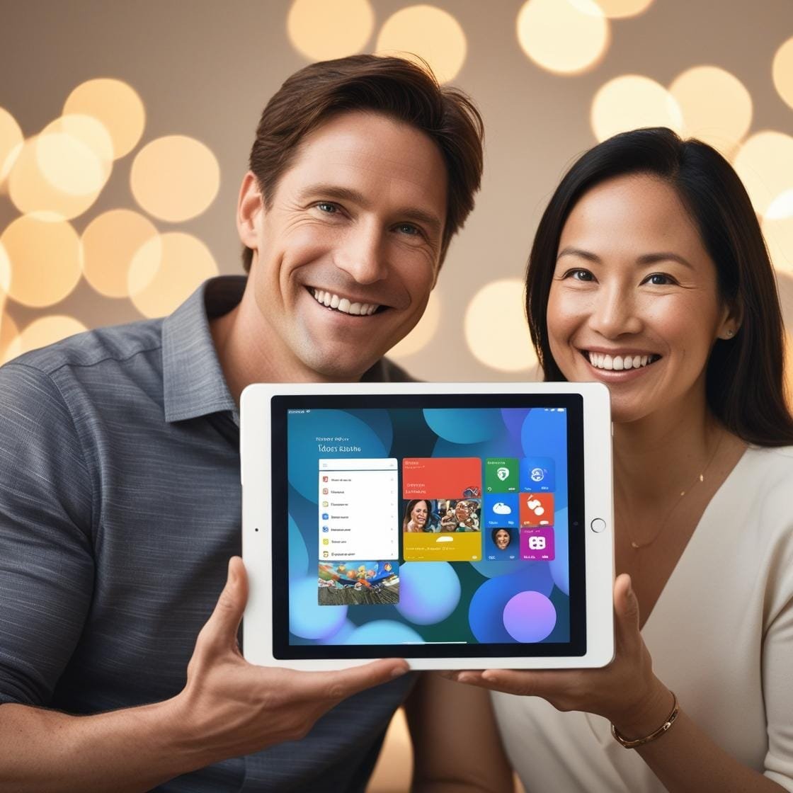 imagem Casal sorridente segurando um tablet com app colorido, fundo desfocado com luzes quentes e suaves