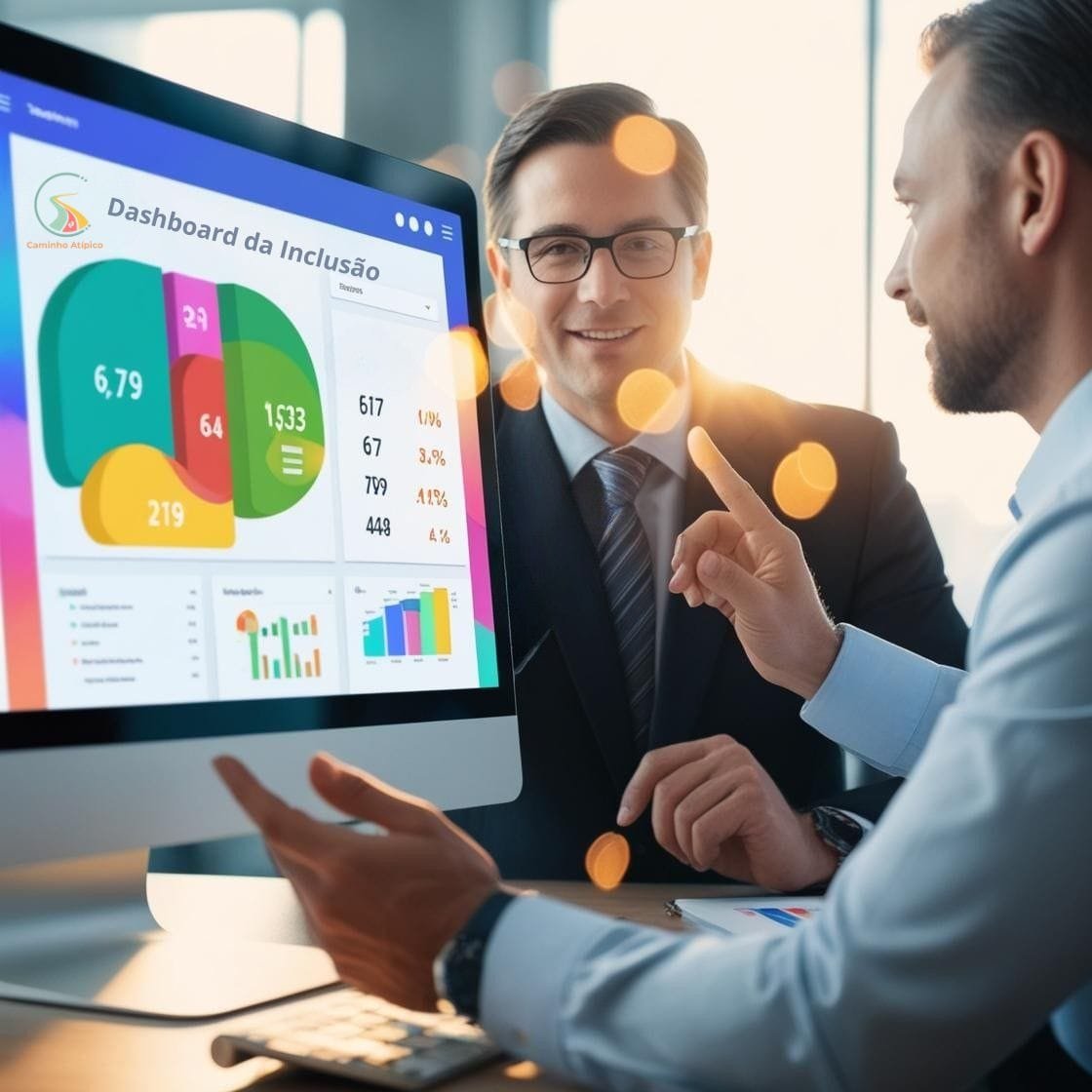 imagem Dois homens de terno analisam um Dashboard da Inclusão em um monitor, discutindo dados