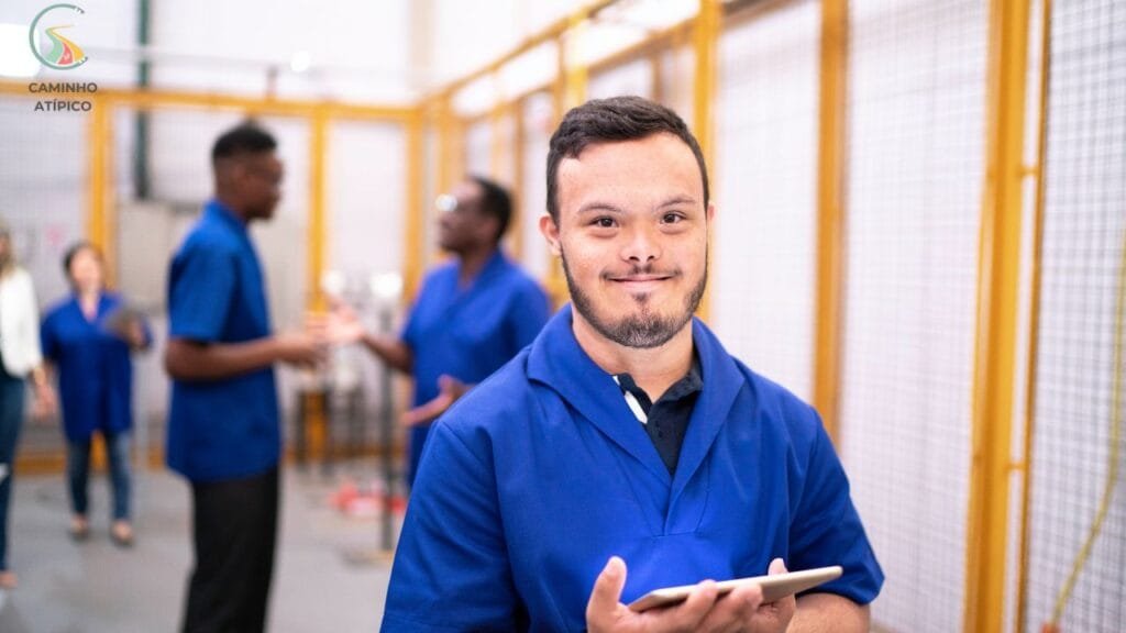 um jovem com síndome de down no seu ambiente de trabalho