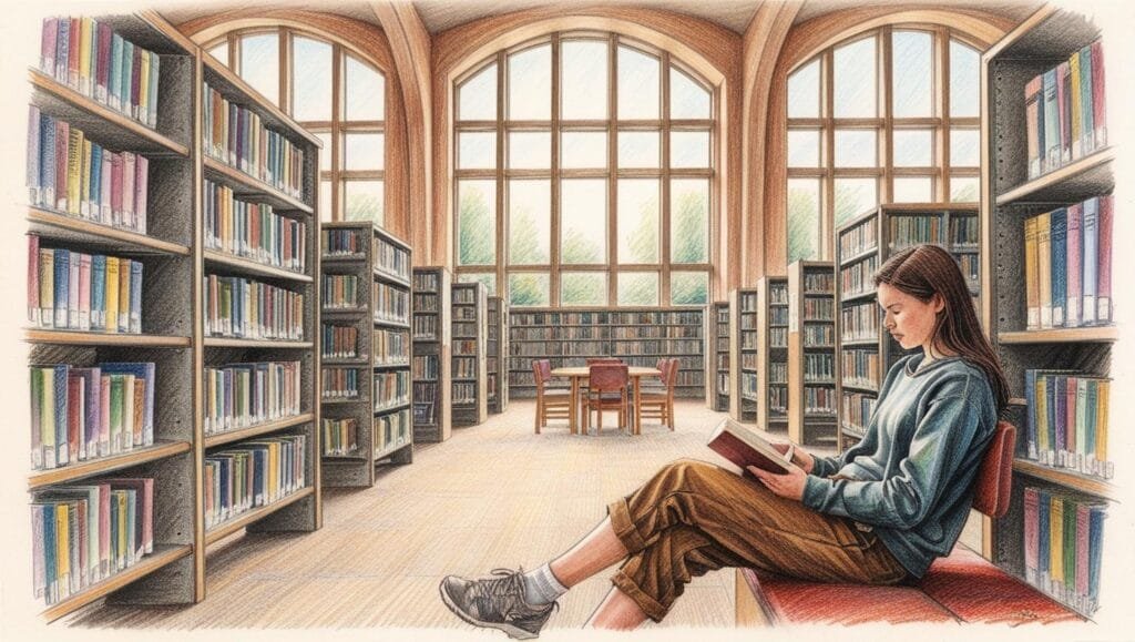em uma biblioteca, Uma jovem adulta lendo um livro calmamente, uma bibliotecária organizando prateleiras e uma criança folheando um livro ilustrado