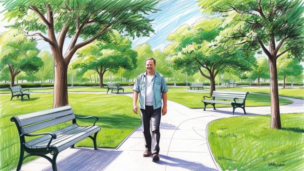 ma área verde com bancos, árvores e uma trilha pavimentada. O ar está limpo e fresco, longe de poluição intensa. Pessoas: Um homem praticando caminhada leve