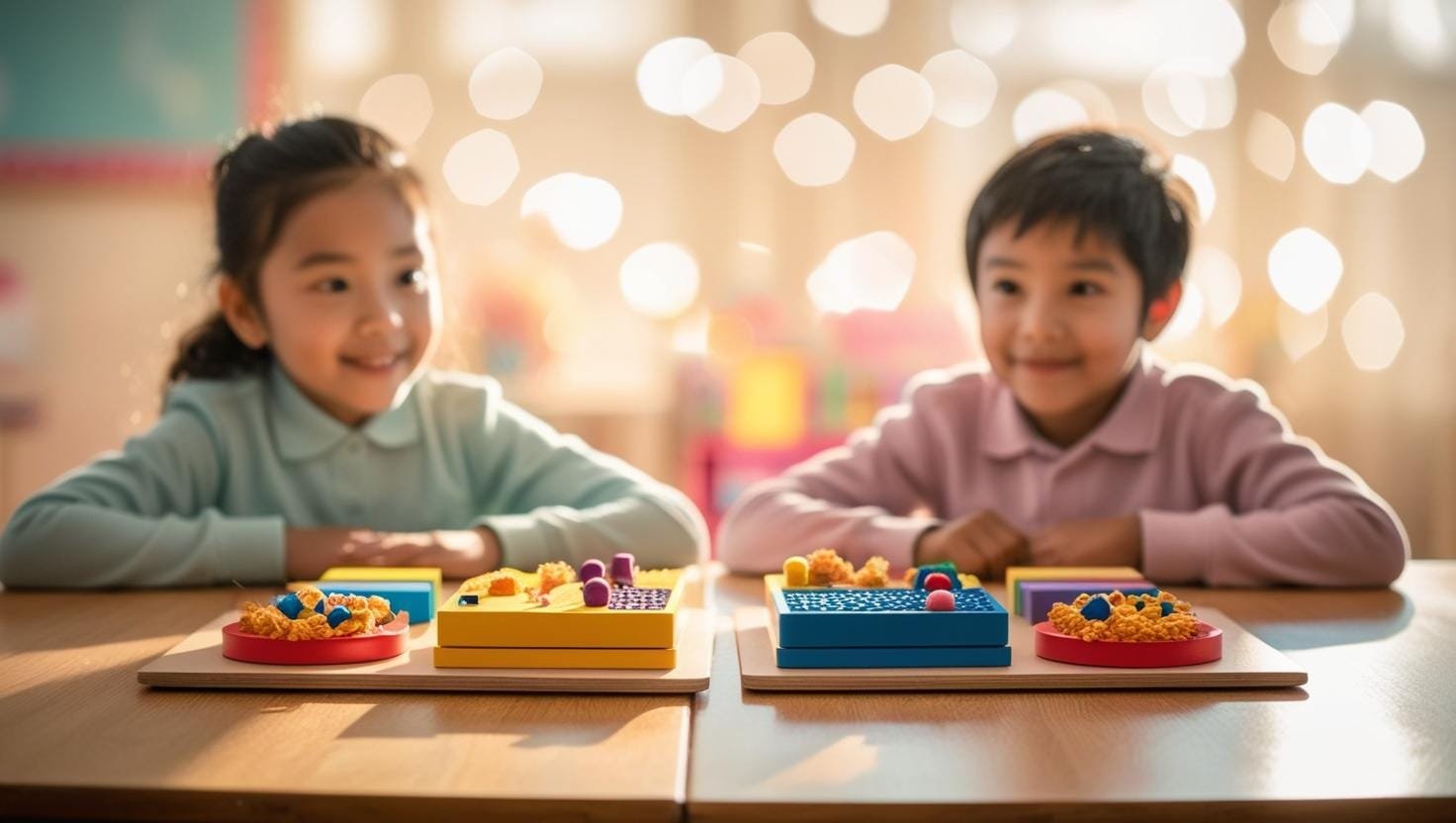 Caminho Atípico Duas crianças sorridentes brincam com materiais Sensoriais coloridos em uma sala iluminada e acolhedora