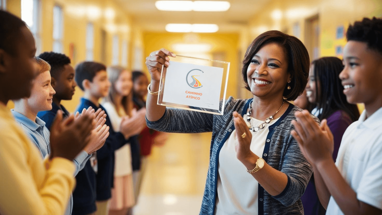 Caminho Atípico Mulher sorridente segura um prêmio com o logo "Caminho Atípico", enquanto crianças aplaudem.