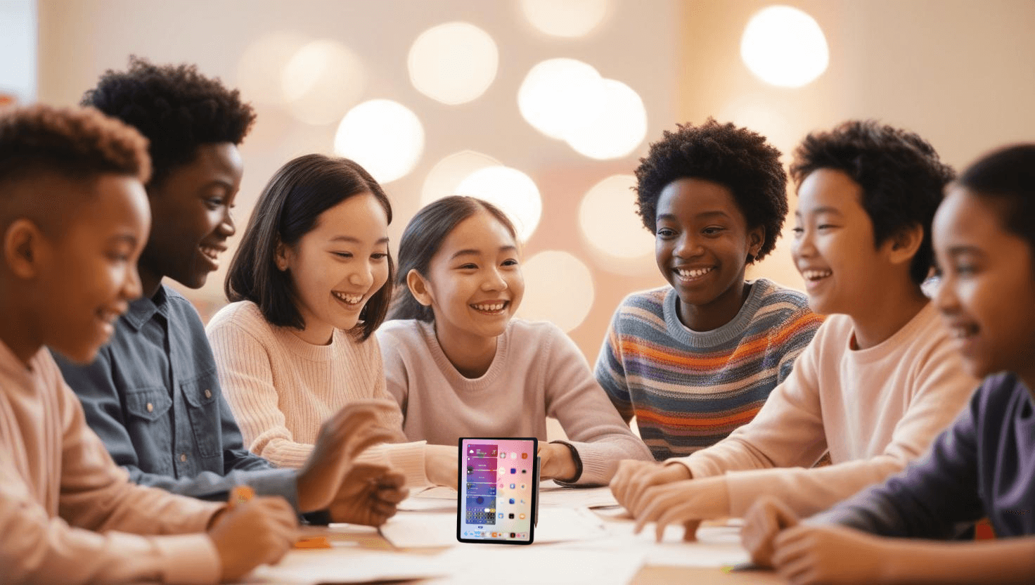Caminho Atípico Grupo de crianças sorrindo e estudando juntas em uma mesa, com um tablet ao centro exibindo aplicativos