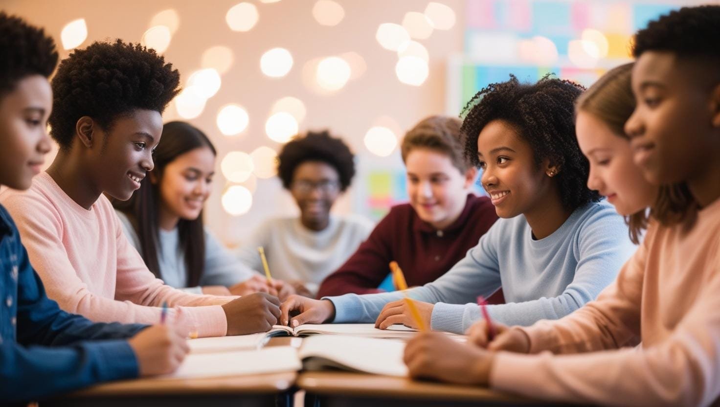 Caminho Atípico Grupo de adolescentes estudando juntos, sorrindo e interagindo em um ambiente acolhedor