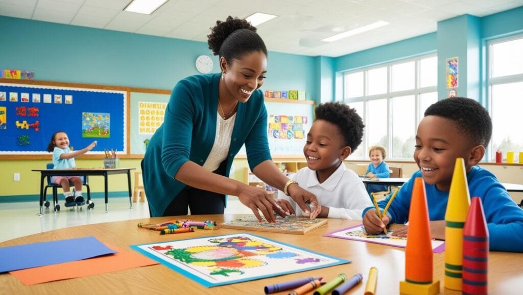 Ambiente: Escola especializada Uma sala de aula adaptada com materiais visuais, apoio individualizado e um ambiente acolhedor para aprendizagem. Pessoas: Uma professora auxiliando um aluno, um estudante desenhando e outro brincando com blocos de montar.