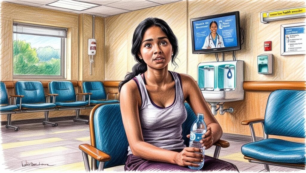 Disautonomia Ambiente: Sala de espera de um hospital Cadeiras confortáveis e climatização controlada. Há um bebedouro acessível e uma televisão transmitindo informações de saúde. Pessoas: Uma jovem sentada segurando uma garrafa de água,