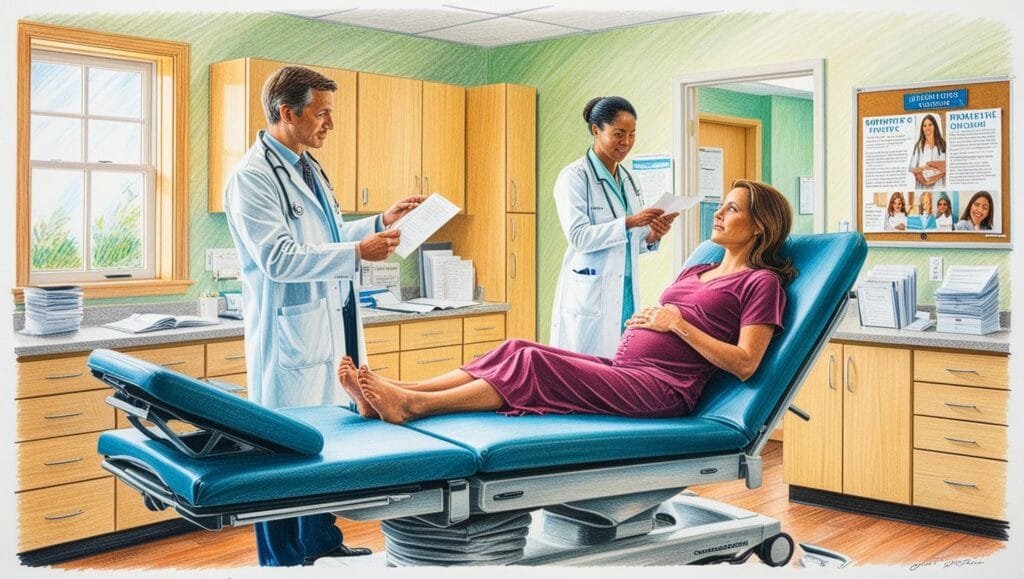 Ambiente: Consultório ginecológico Uma sala branca e bem iluminada, com uma maca confortável, material para exames e um mural com informações sobre saúde feminina. Pessoas: Uma médica explicando um tratamento, uma paciente ouvindo atentamente e uma assistente organizando documentos.