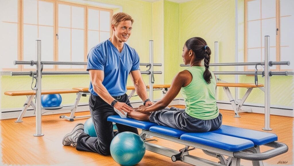 Ambiente: Sessão de reabilitação neurológica Uma sala com equipamentos de fisioterapia e um ambiente tranquilo para exercícios adaptados. Pessoas: Um terapeuta conduzindo exercícios, um paciente tentando se equilibrar e um acompanhante observando.