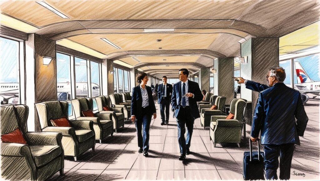 Ambiente: um corredor de um aeroporto Um espaço , bem iluminado, com poltronas . Pessoas:pessoas andando e uma pessoa apontando para um aviao