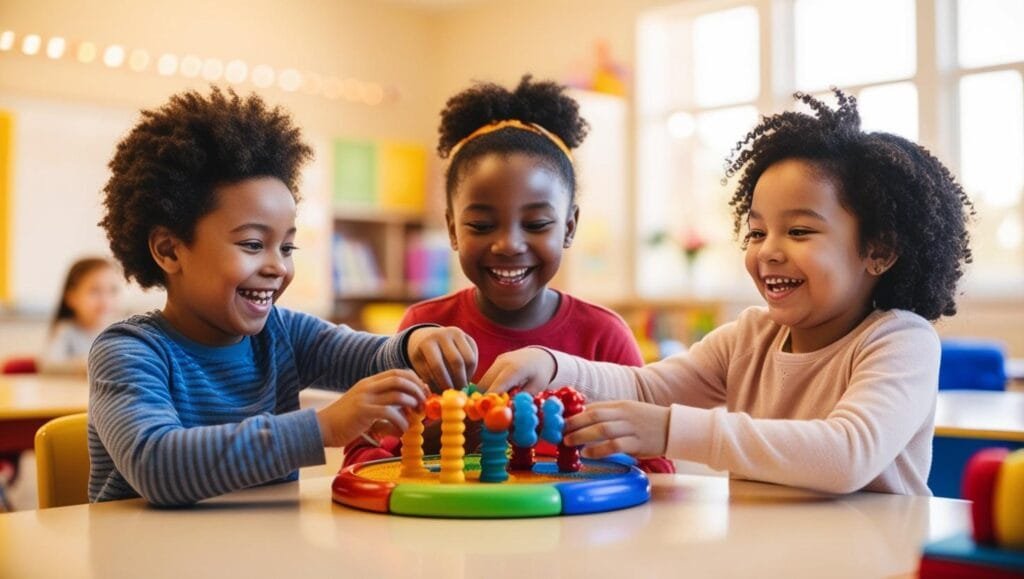 Três crianças sorridentes brincam juntas com um brinquedo sensorial colorido em uma sala de aula