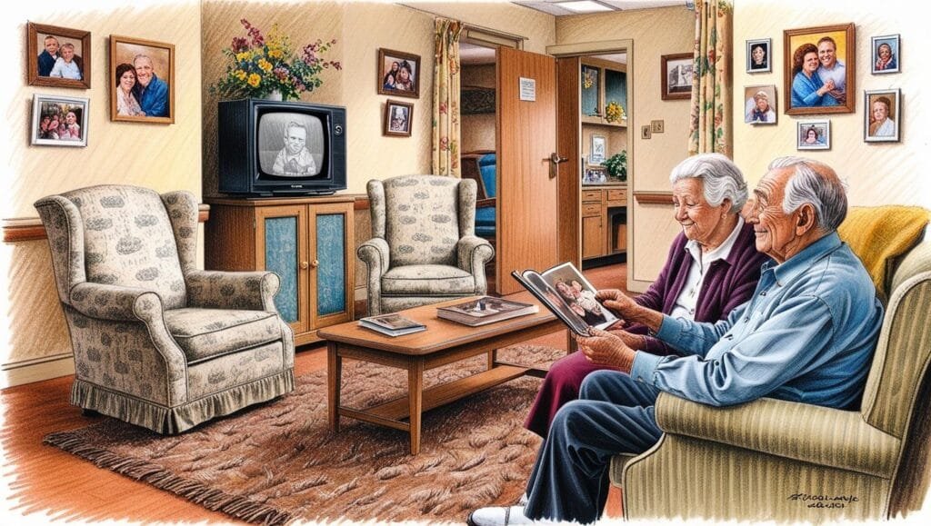 Ambiente: Sala de estar de uma casa de repouso Um espaço acolhedor com poltronas confortáveis, tapete felpudo e uma TV passando um programa antigo. Fotos de família decoram a parede. Pessoas: Um idoso sentado olhando um álbum de fotos, um cuidador conversando com ele e outro residente observando pela janela.