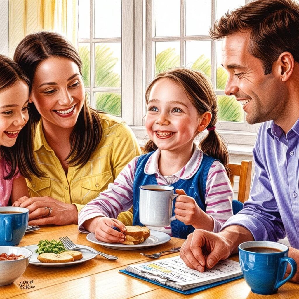 A imagem mostra uma jovem com Síndrome de Down em um dia comum, sentada à mesa do café da manhã com sua família. Ela segura uma xícara e sorri para seus pais, que a incentivam a planejar seu dia de forma independente.