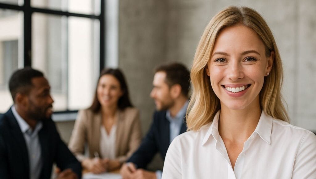 Uma mulher feliz em seu ambiente de trabalho